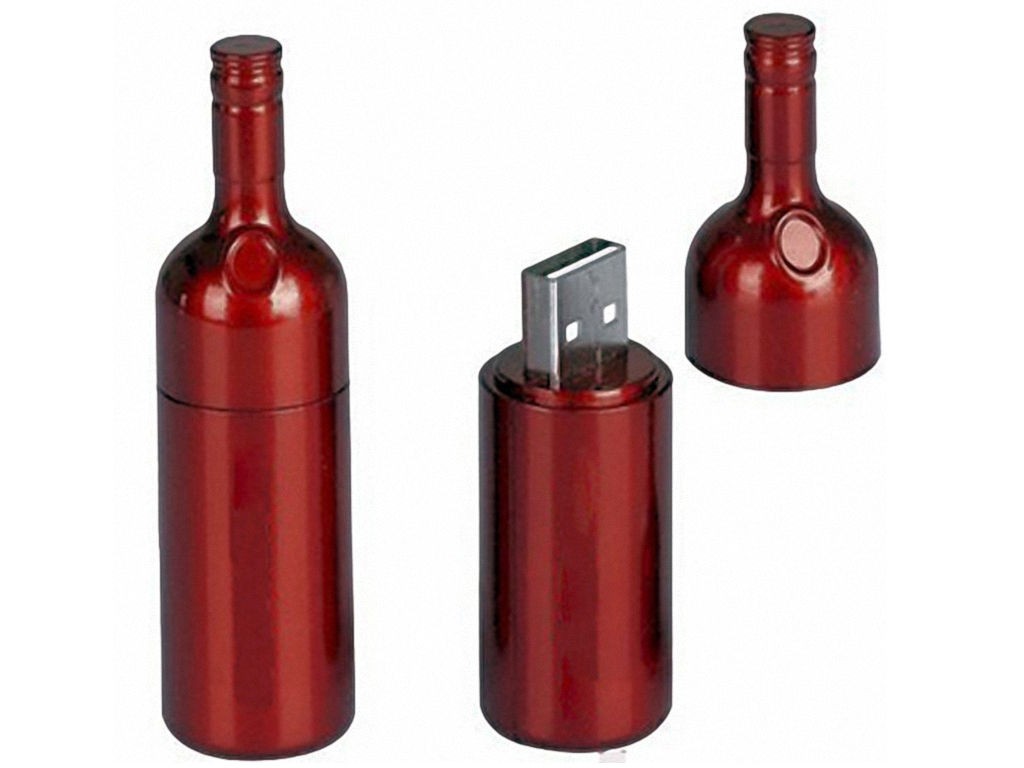 WGS-BOTELLA01 — Bottle-shaped plastic USB flash drive. Separates into two parts, protecting the cone